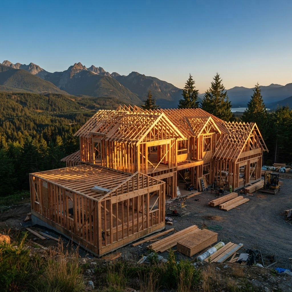 A large wood-framed home under construction at golden hour against a British Columbia mountain backdrop